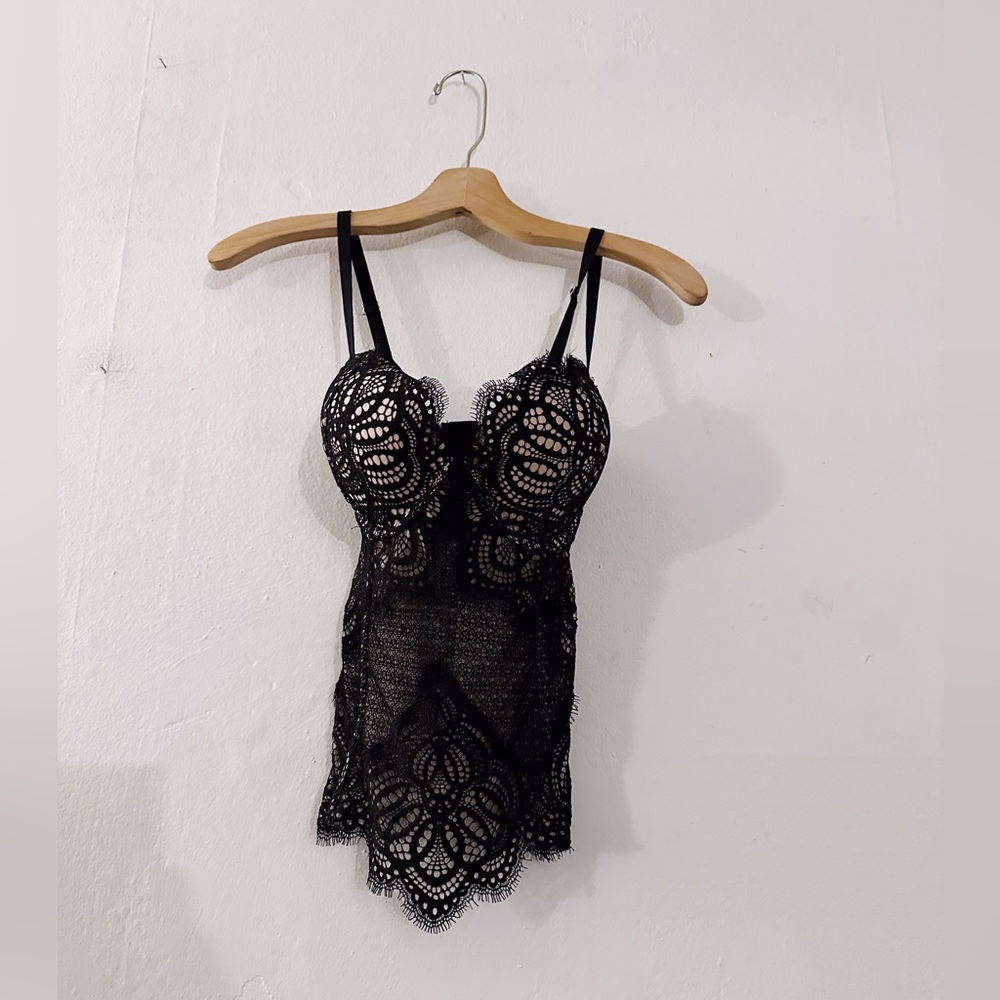 Victoria's Secret Corset Padded Bra Lace Scallop Black Intimates Undergarmentsa - Picture 2 of 6